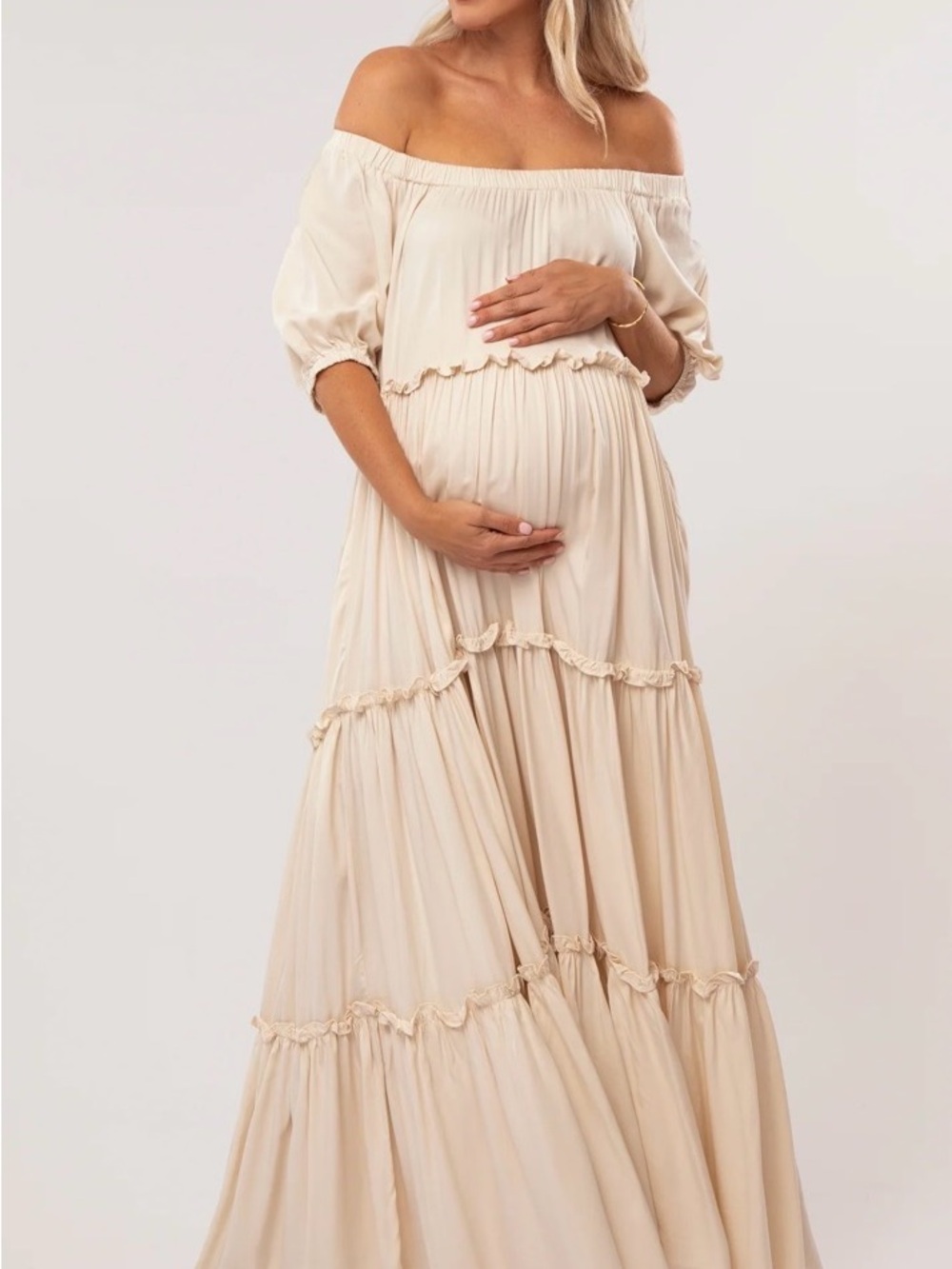 Cream Off Shoulder Ruffle Tiered Maternity Maxi Dress
